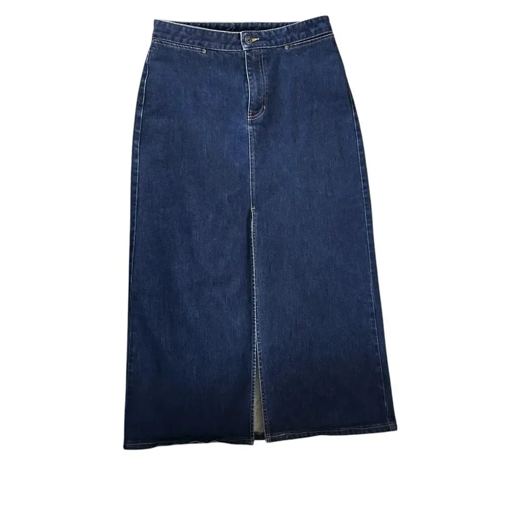 Y2K GAP Dark Wash Denim Maxi Skirt Stretch Size 8 Front Slit High Waist